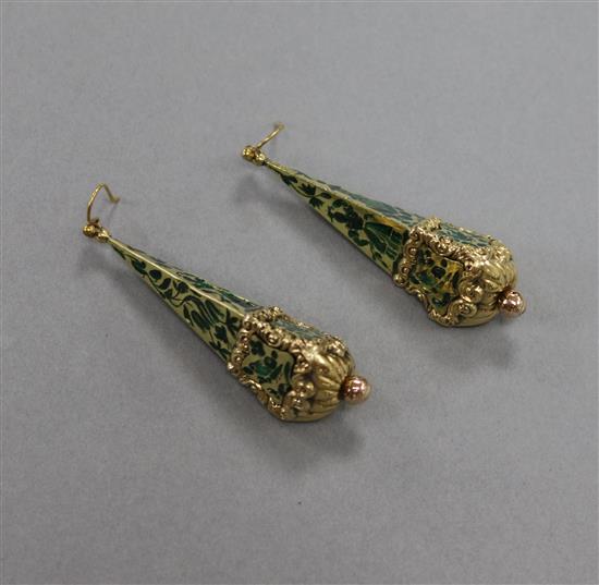 A pair of ornate 9ct gold and enamel tapering triangular drop earrings, 50mm.